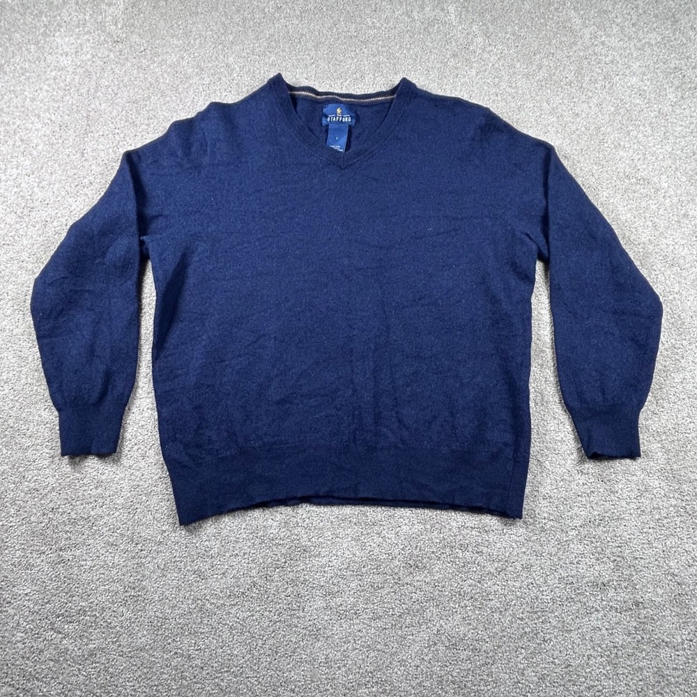 Stafford Mens Navy Blue 100%‎ Wool V-Neck Sweater Size Large 1423